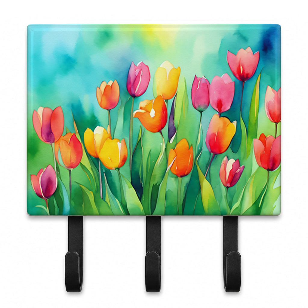 Tulips in Watercolor Leash or Key Holder Wall Hooks, Coat Rack Wall Mount, for Hanging Keys, Towels, Aprons, Leashes