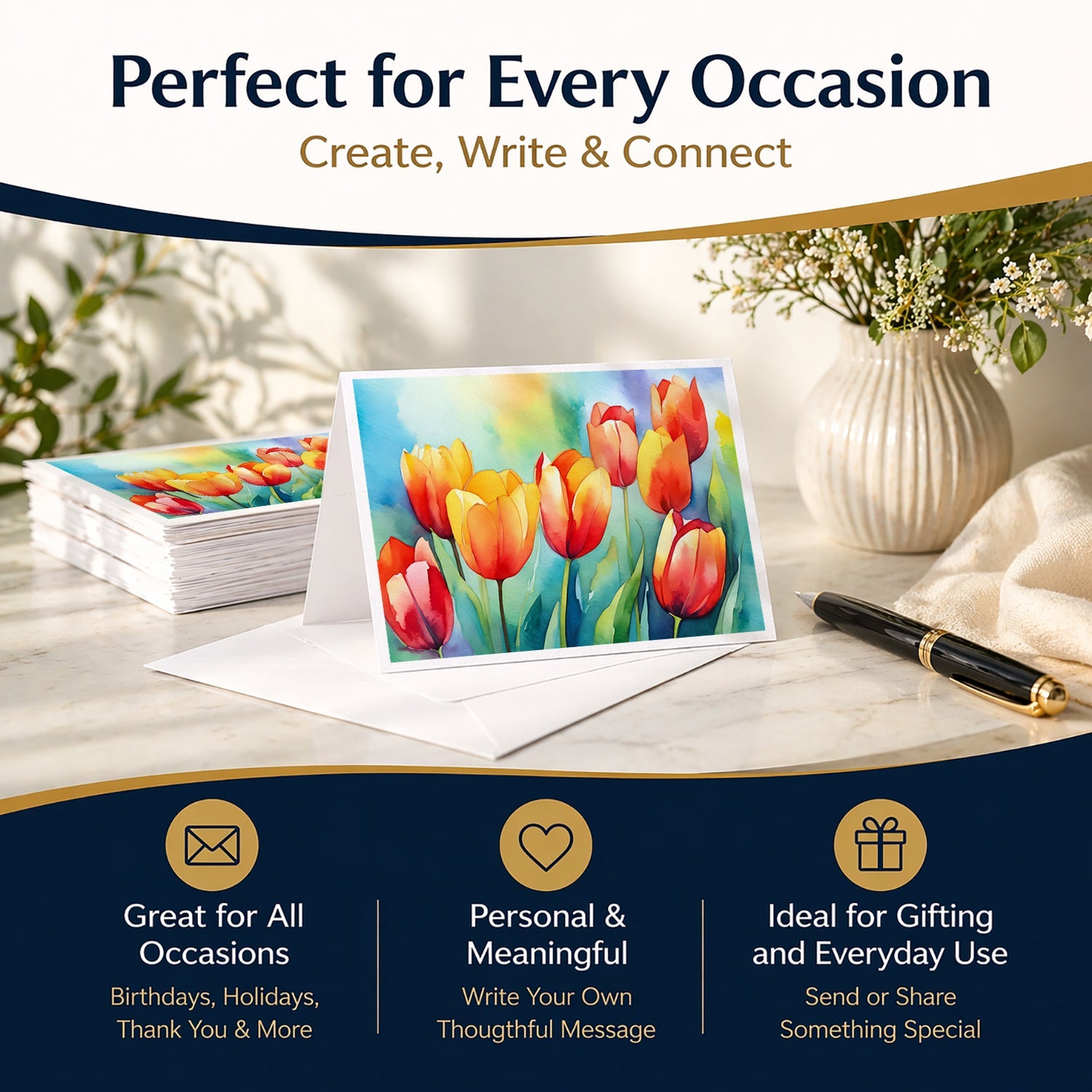 Tulips in Watercolor Greeting Cards Pack of 8 Blank Cards with Envelopes Whimsical A7 Size 5x7