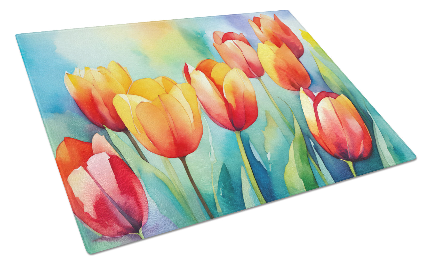 Tulips in Watercolor Cutting Board Tempered Glass Kitchen Cutting Surface, Heat Resistant Chopping, Non-Slip Feet, Food Prep & Serving