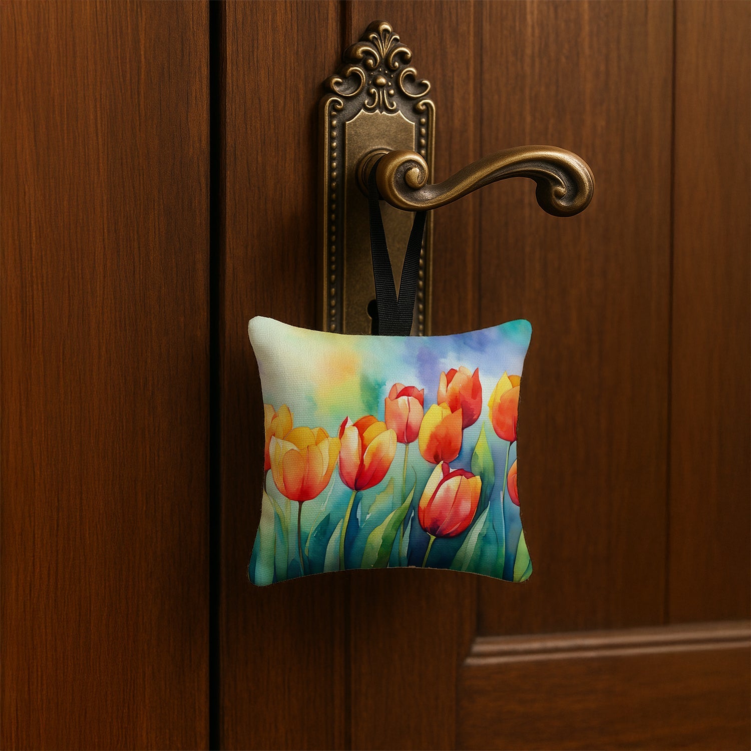 Tulips in Watercolor Hanging Square Fabric Ornament 3.5 × 3.5 Decorative Door-Knob & Tree Hanger, Soft Fabric