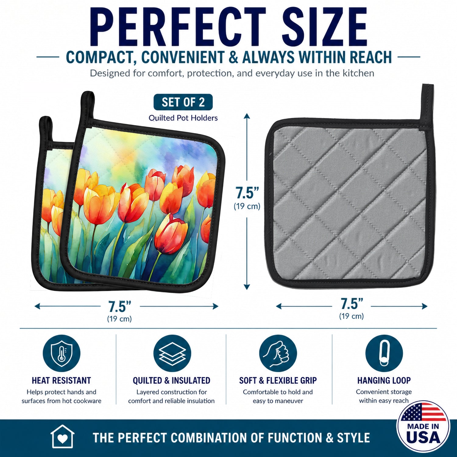 Tulips in Watercolor Pot Holder Set of 2 Heat Resistant Quilted Hot Pads 7.5 x 7.5 Inch, Insulated Kitchen Trivets for Cooking & Baking