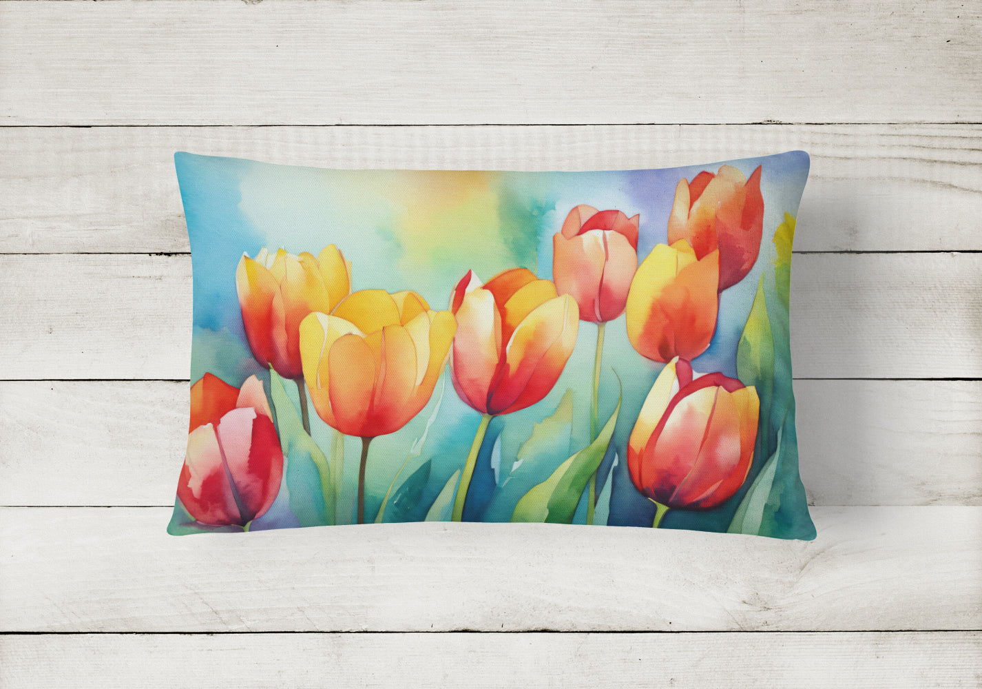 Tulips in Watercolor Decorative Throw Pillow 12x16 Indoor Outdoor Accent Cushion, Fabric Cover with Insert for Sofa, Bed, Porch & Living Room