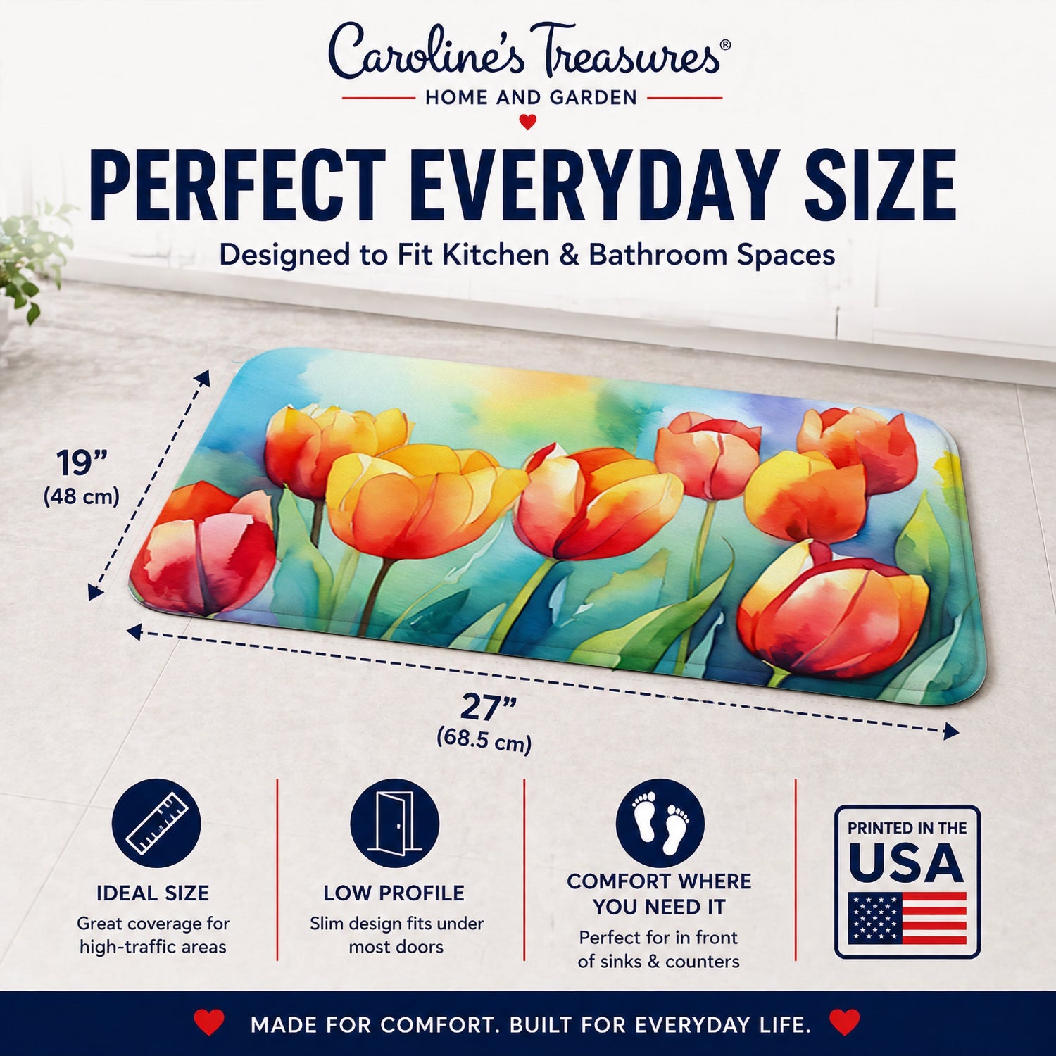 Tulips in Watercolor Memory Foam Kitchen Mat Machine Washable Anti-Fatigue Cushion Comfort Bath or Kitchen Rug