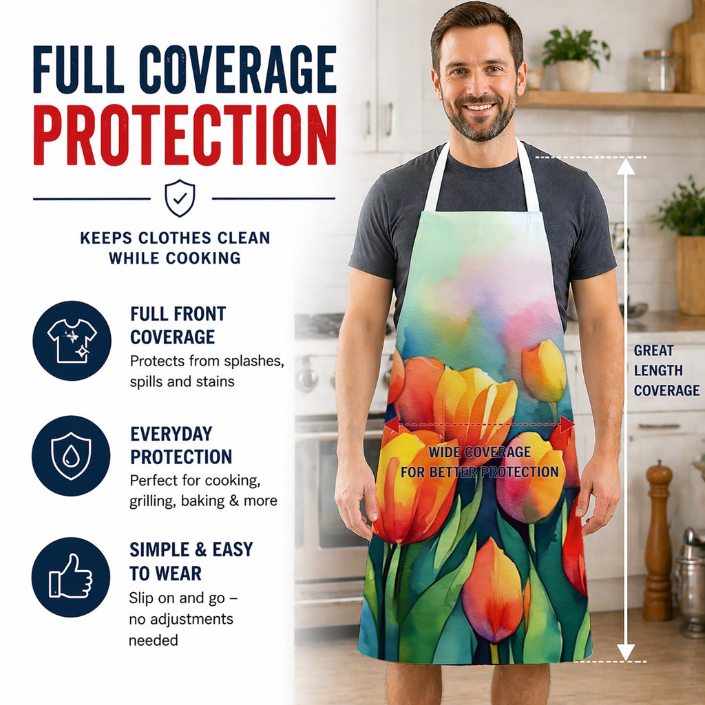 Tulips in Watercolor Apron Cooking Kitchen Server Baking Crafts Gardening for Adult Women Men, Unisex, Large, Multicolor