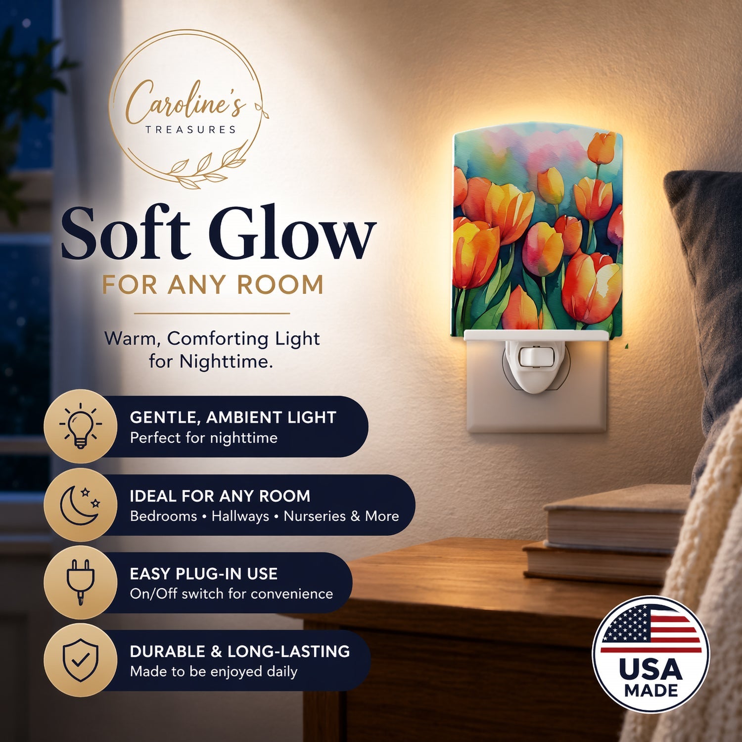 Tulips in Watercolor Ceramic Night Light Compact, UL-Certified, Ideal for Bedroom, Bathroom, Nursery, Hallway, Kitchen, 6x4x3, Multicolor