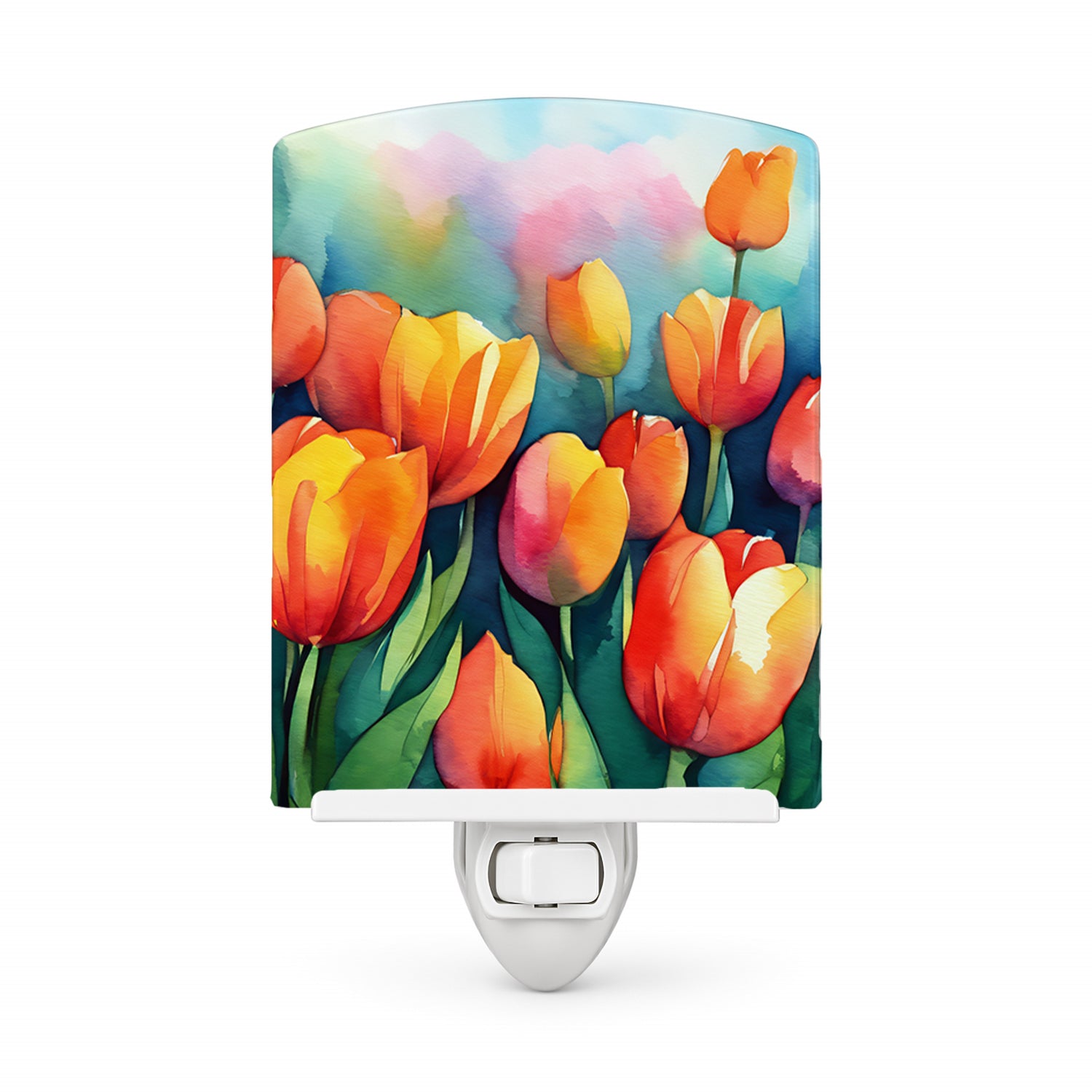 Tulips in Watercolor Ceramic Night Light Compact, UL-Certified, Ideal for Bedroom, Bathroom, Nursery, Hallway, Kitchen, 6x4x3, Multicolor