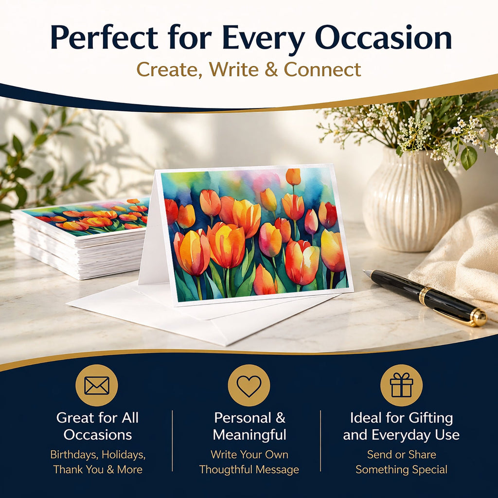 Tulips in Watercolor Greeting Cards Pack of 8 Blank Cards with Envelopes Whimsical A7 Size 5x7