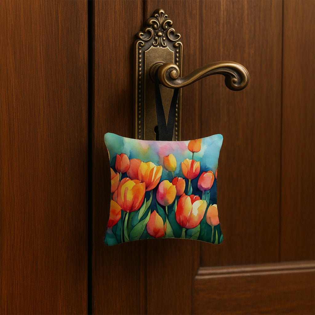 Tulips in Watercolor Hanging Square Fabric Ornament 3.5 × 3.5 Decorative Door-Knob & Tree Hanger, Soft Fabric