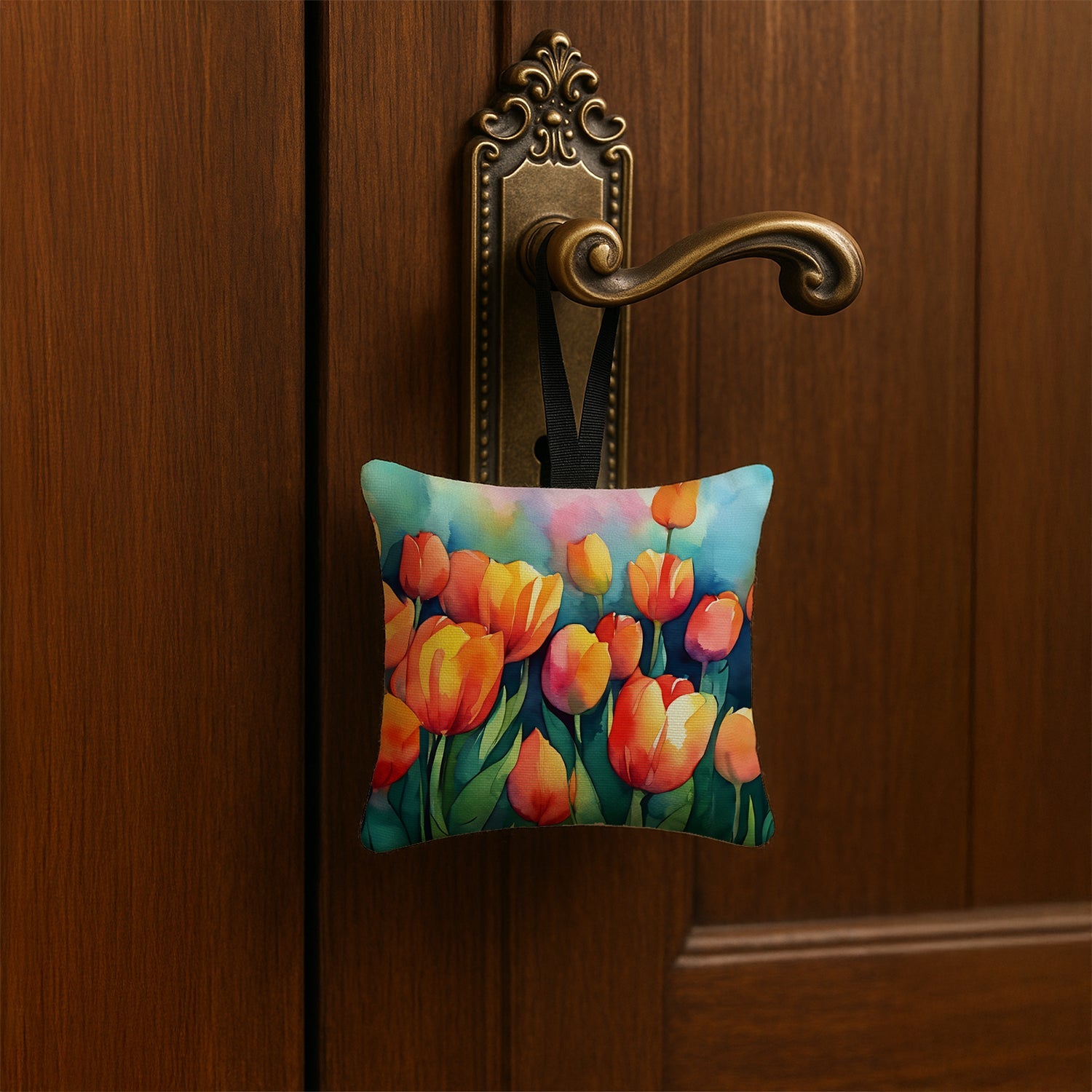 Tulips in Watercolor Hanging Square Fabric Ornament 3.5 × 3.5 Decorative Door-Knob & Tree Hanger, Soft Fabric