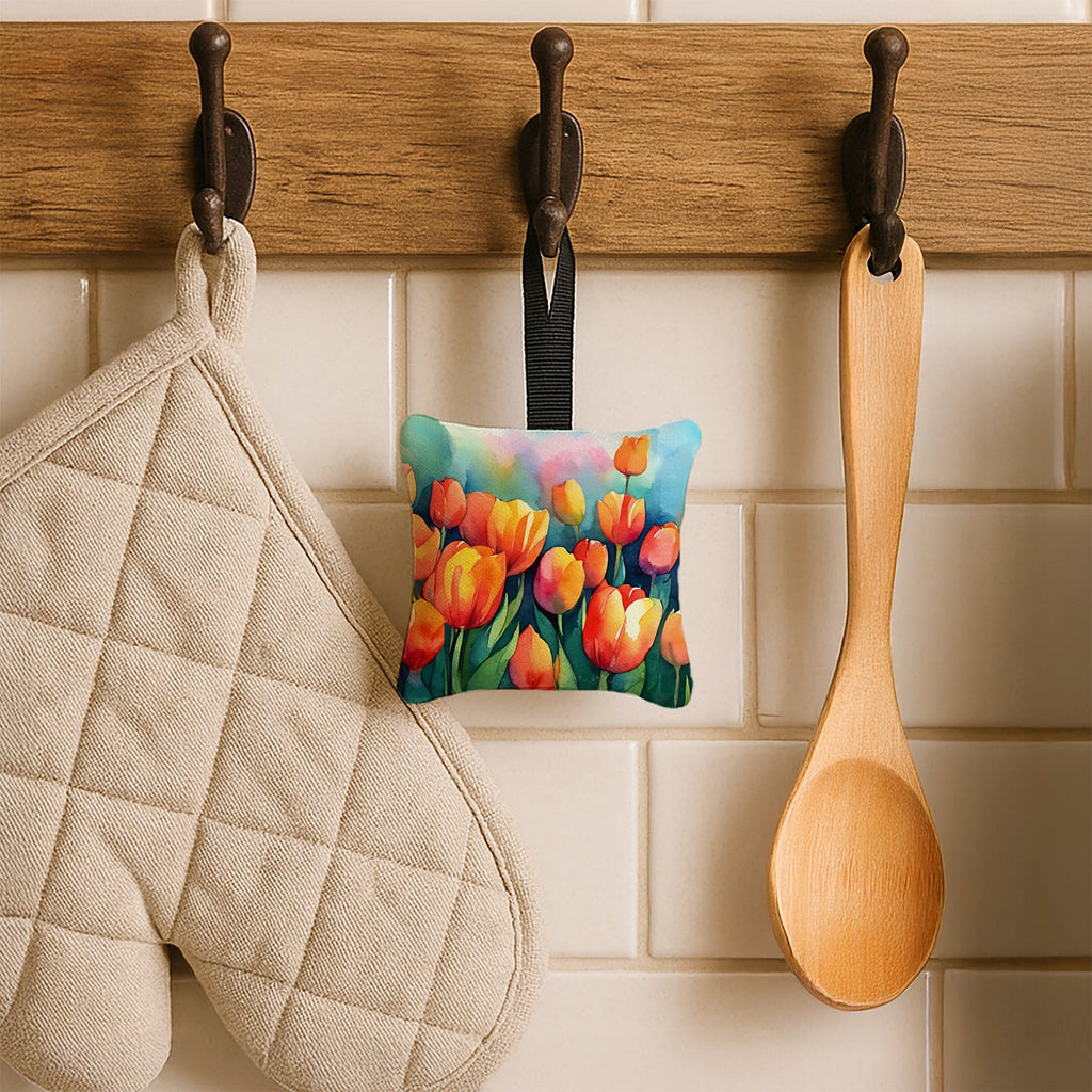 Tulips in Watercolor Hanging Square Fabric Ornament 3.5 × 3.5 Decorative Door-Knob & Tree Hanger, Soft Fabric