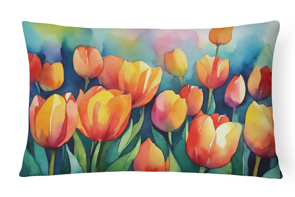 Tulips in Watercolor Decorative Throw Pillow 12x16 Indoor Outdoor Accent Cushion, Fabric Cover with Insert for Sofa, Bed, Porch & Living Room