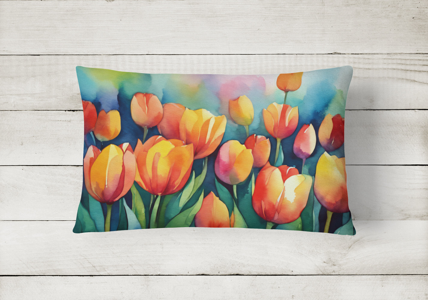 Tulips in Watercolor Decorative Throw Pillow 12x16 Indoor Outdoor Accent Cushion, Fabric Cover with Insert for Sofa, Bed, Porch & Living Room