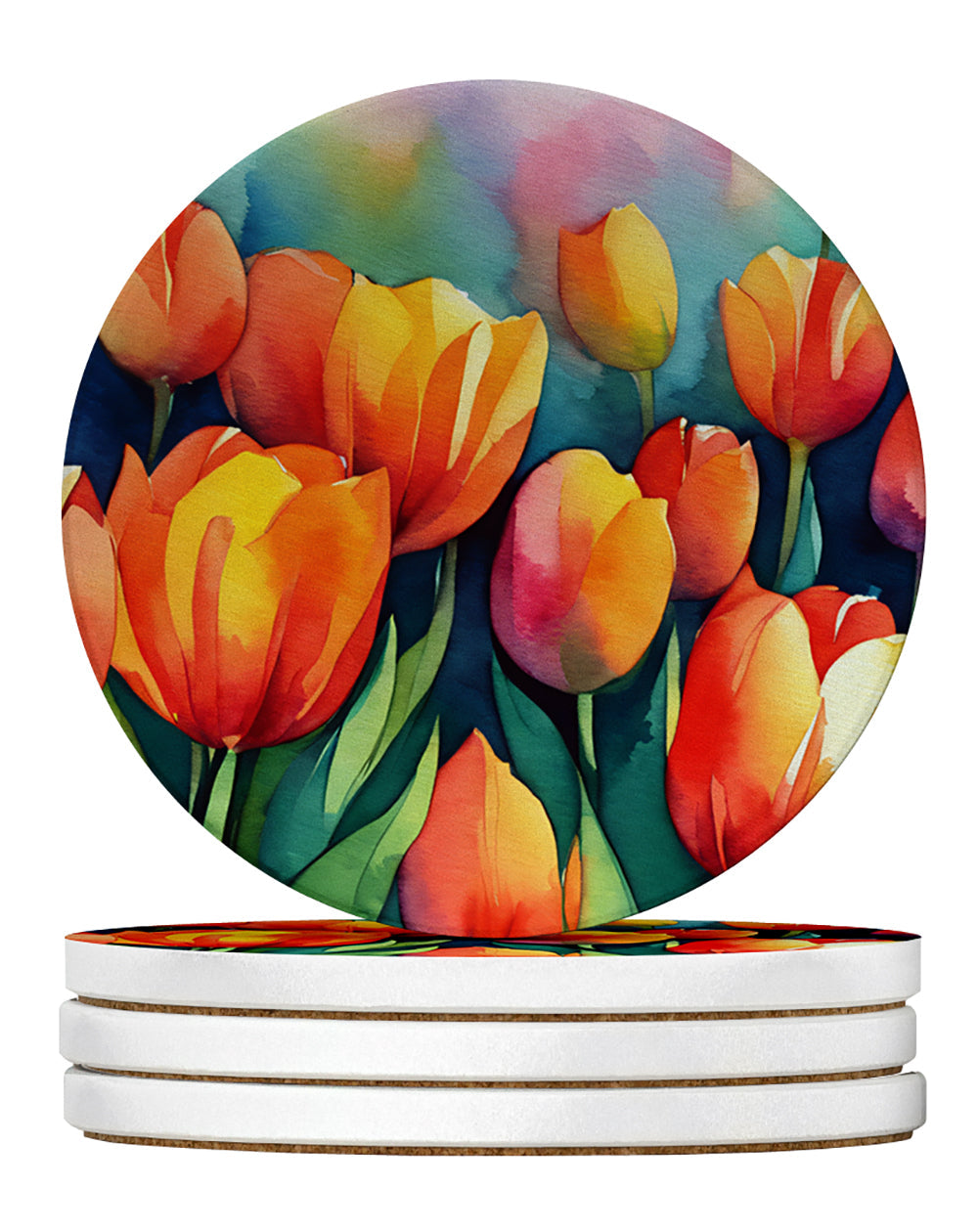 Tulips in Watercolor Large Sandstone Coasters Pack of 4 Absorbent Round Coasters Decor Gifts for Men or Women, 4 in, Multicolor