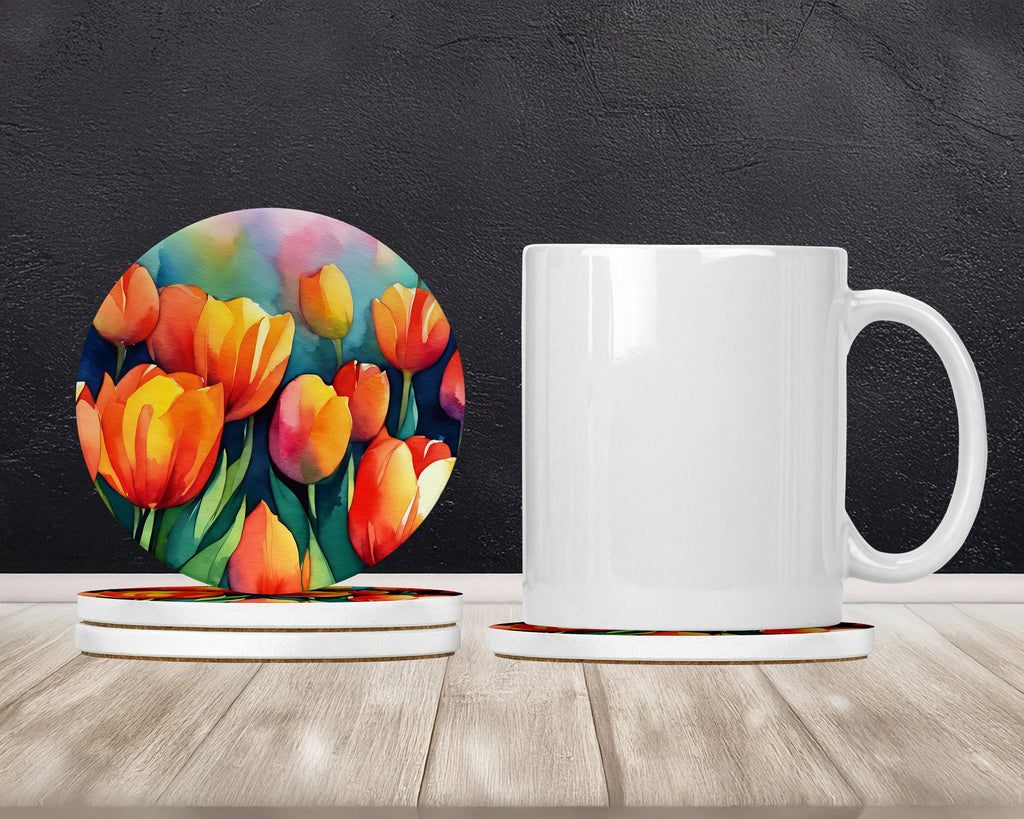Tulips in Watercolor Large Sandstone Coasters Pack of 4 Absorbent Round Coasters Decor Gifts for Men or Women, 4 in, Multicolor