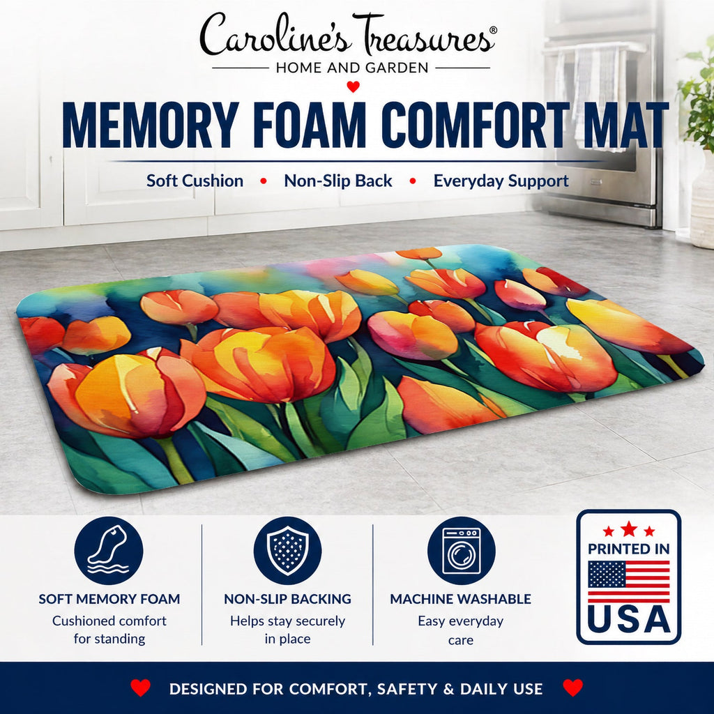 Tulips in Watercolor Memory Foam Kitchen Mat Machine Washable Anti-Fatigue Cushion Comfort Bath or Kitchen Rug