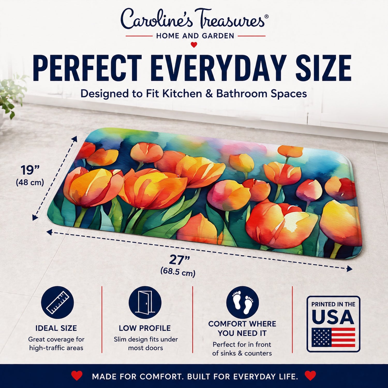 Tulips in Watercolor Memory Foam Kitchen Mat Machine Washable Anti-Fatigue Cushion Comfort Bath or Kitchen Rug
