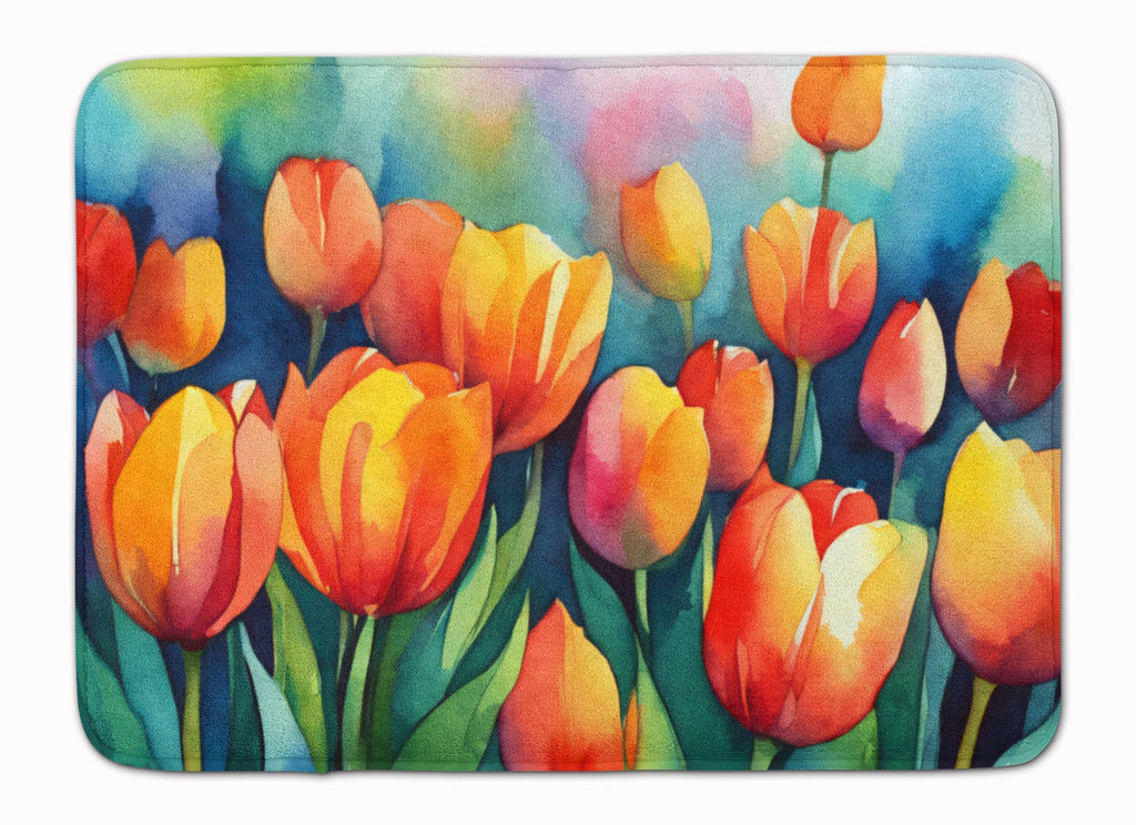 Tulips in Watercolor Memory Foam Kitchen Mat Machine Washable Anti-Fatigue Cushion Comfort Bath or Kitchen Rug