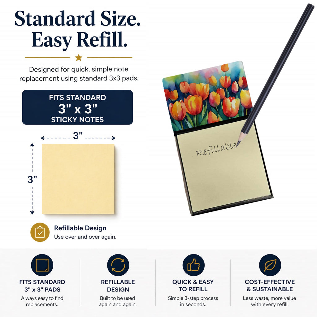 Tulips in Watercolor Watercolor Sticky Note Holder Refillable Dispenser Desk Accessory 3x3 Pad Gift