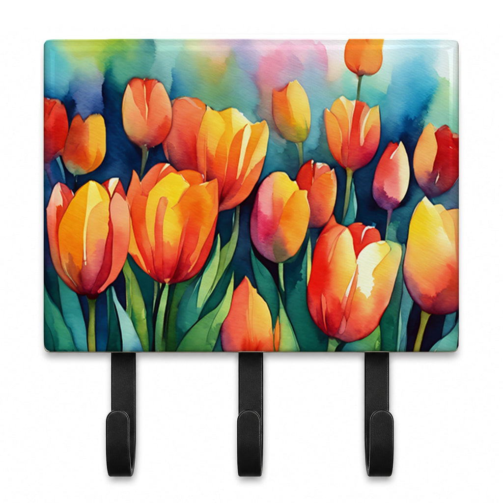 Tulips in Watercolor Leash or Key Holder Wall Hooks, Coat Rack Wall Mount, for Hanging Keys, Towels, Aprons, Leashes