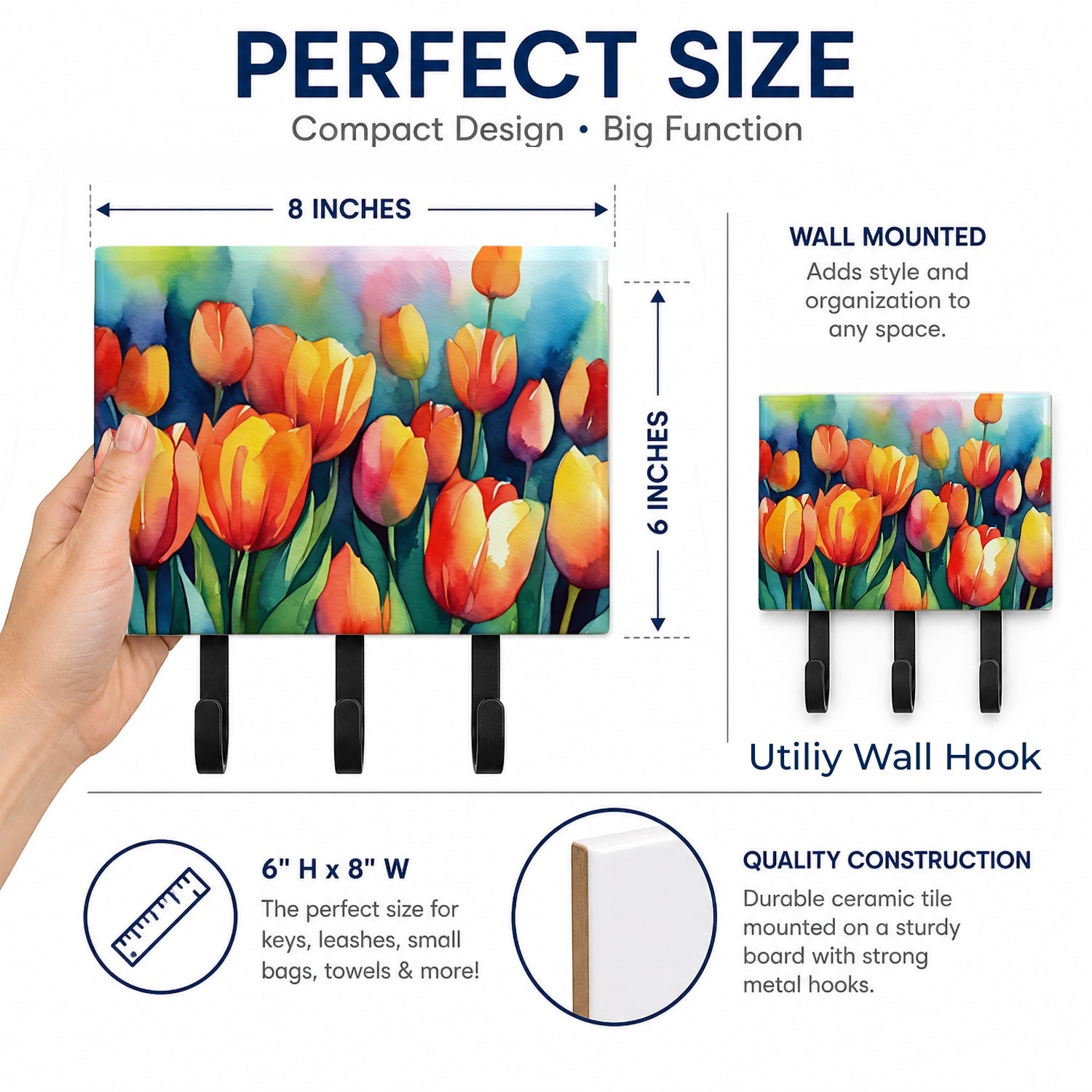 Tulips in Watercolor Leash or Key Holder Wall Hooks, Coat Rack Wall Mount, for Hanging Keys, Towels, Aprons, Leashes
