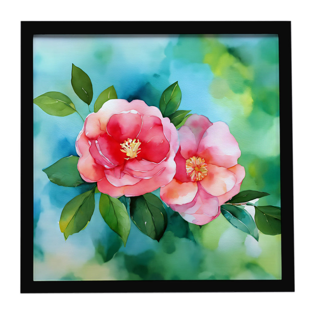 Alabama Camellia in Watercolor Framed Metal Print Bathroom, Kitchen, Office, Home Decor Wall Art Ready to Hang, Square, 8X8