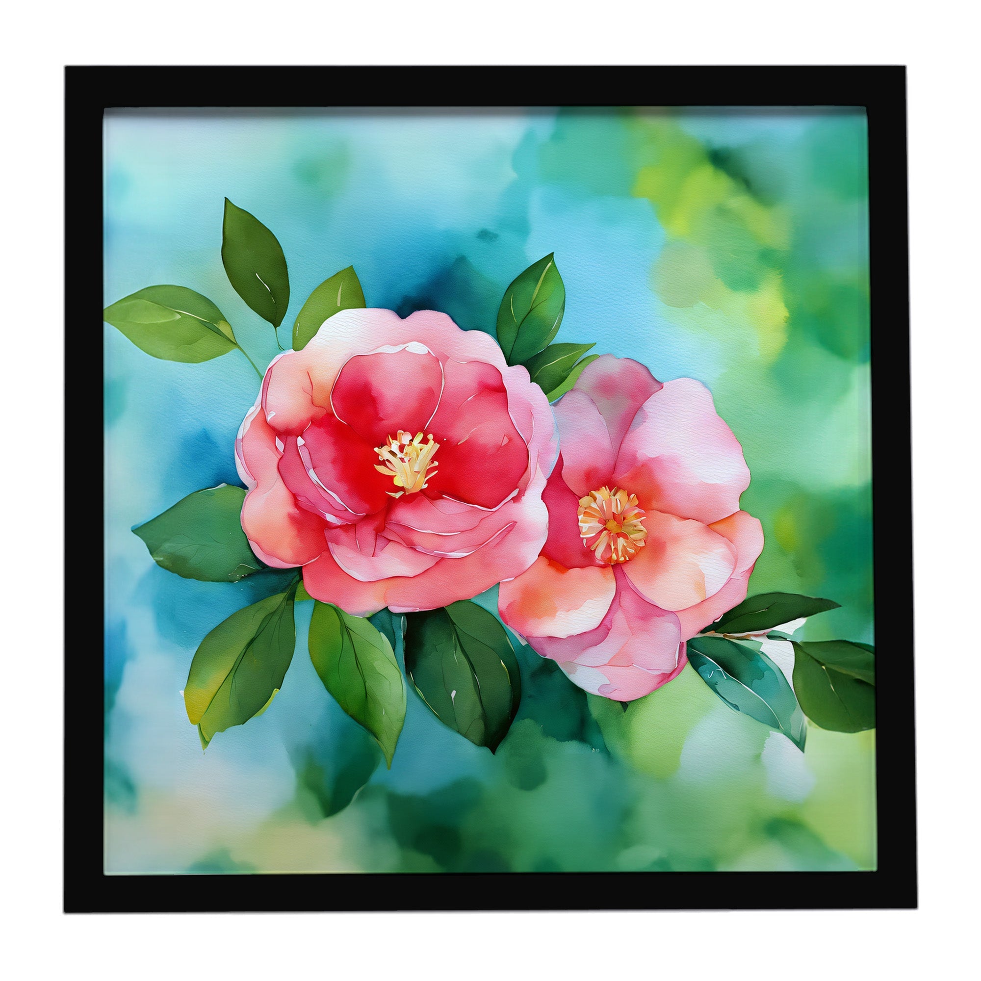 Alabama Camellia in Watercolor Framed Metal Print Bathroom, Kitchen, Office, Home Decor Wall Art Ready to Hang, Square, 8X8