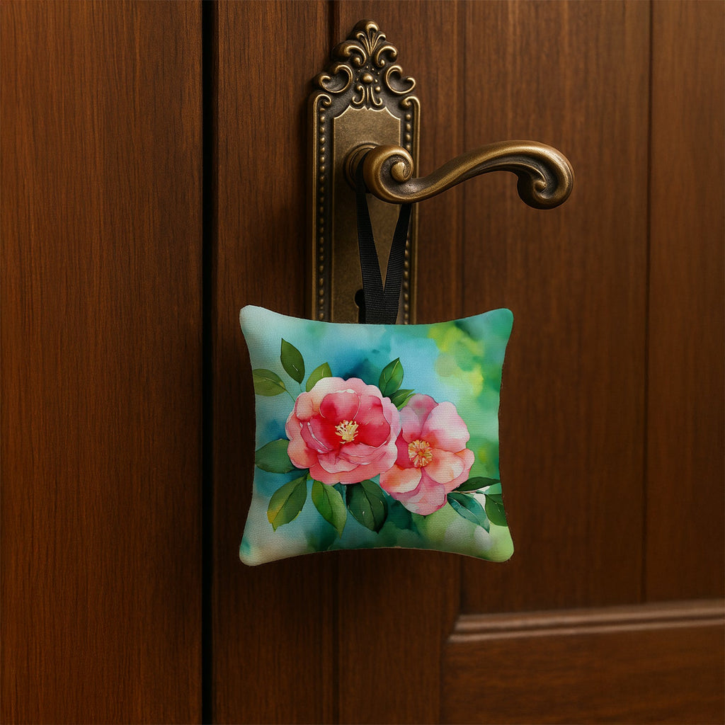 Alabama Camellia in Watercolor Hanging Square Fabric Ornament 3.5 × 3.5 Decorative Door-Knob & Tree Hanger, Soft Fabric