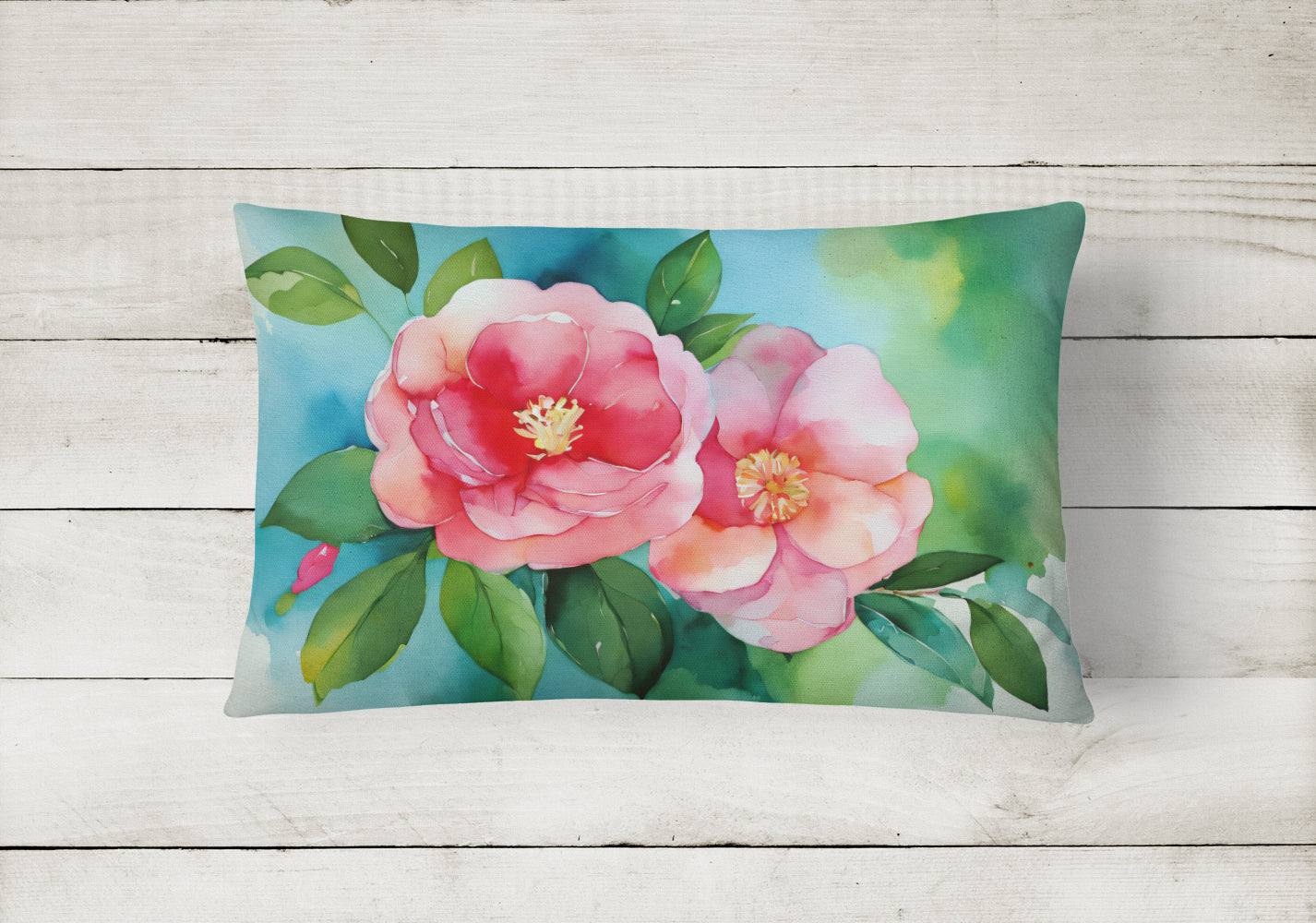 Alabama Camellia in Watercolor Decorative Throw Pillow 12x16 Indoor Outdoor Accent Cushion, Fabric Cover with Insert for Sofa, Bed, Porch & Living Room