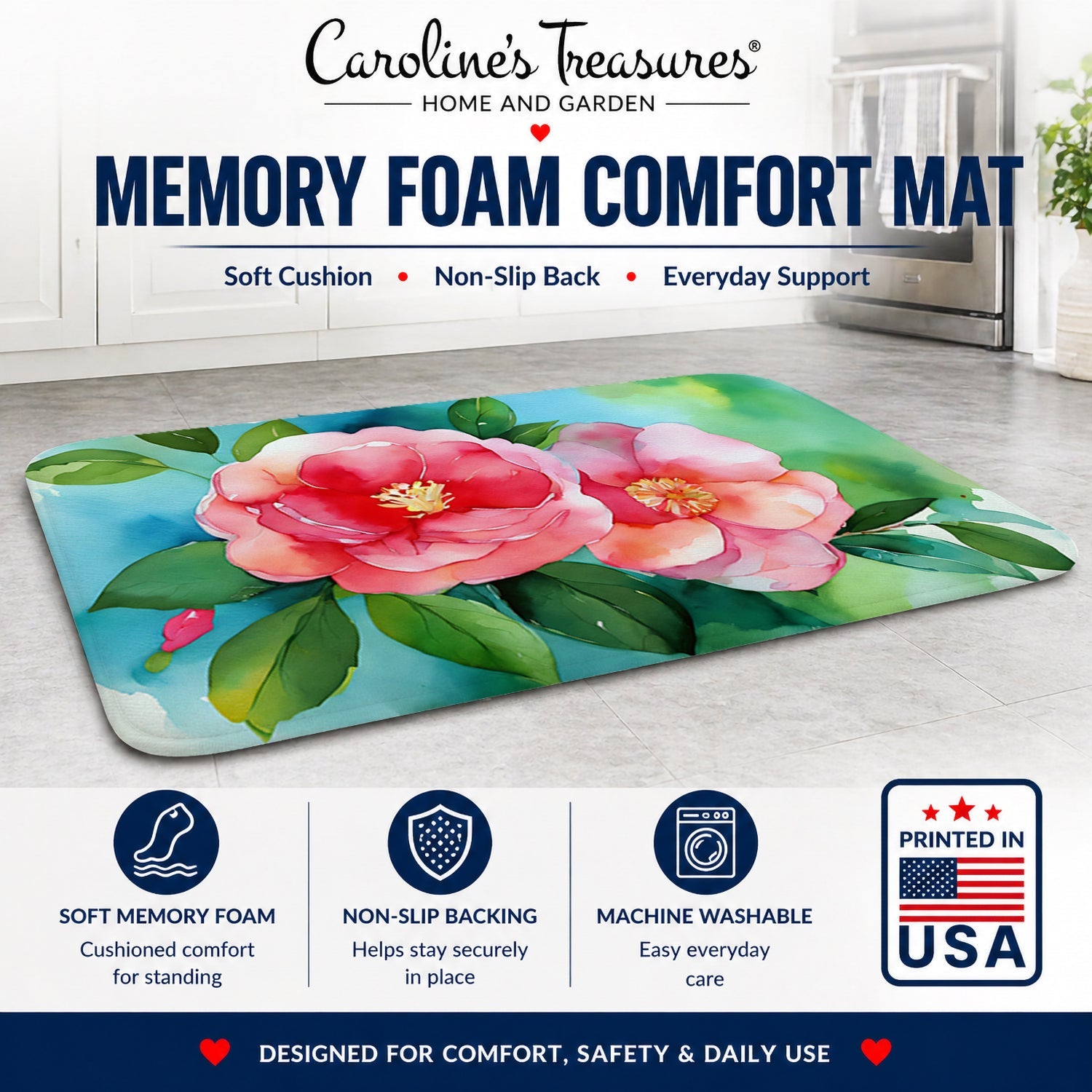 Alabama Camellia in Watercolor Memory Foam Kitchen Mat Machine Washable Anti-Fatigue Cushion Comfort Bath or Kitchen Rug