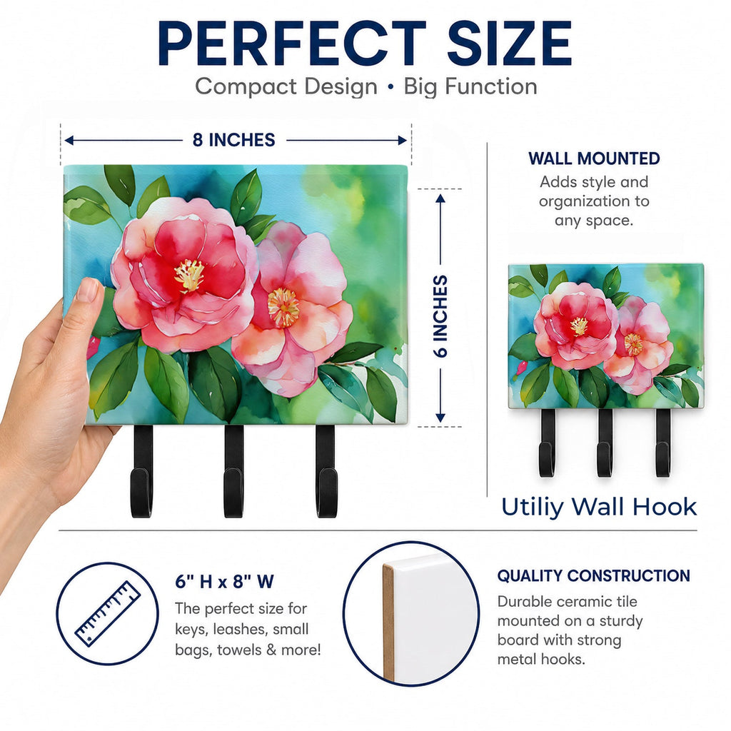 Alabama Camellia in Watercolor Leash or Key Holder Wall Hooks, Coat Rack Wall Mount, for Hanging Keys, Towels, Aprons, Leashes