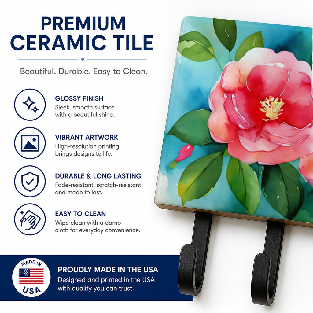 Alabama Camellia in Watercolor Leash or Key Holder Wall Hooks, Coat Rack Wall Mount, for Hanging Keys, Towels, Aprons, Leashes