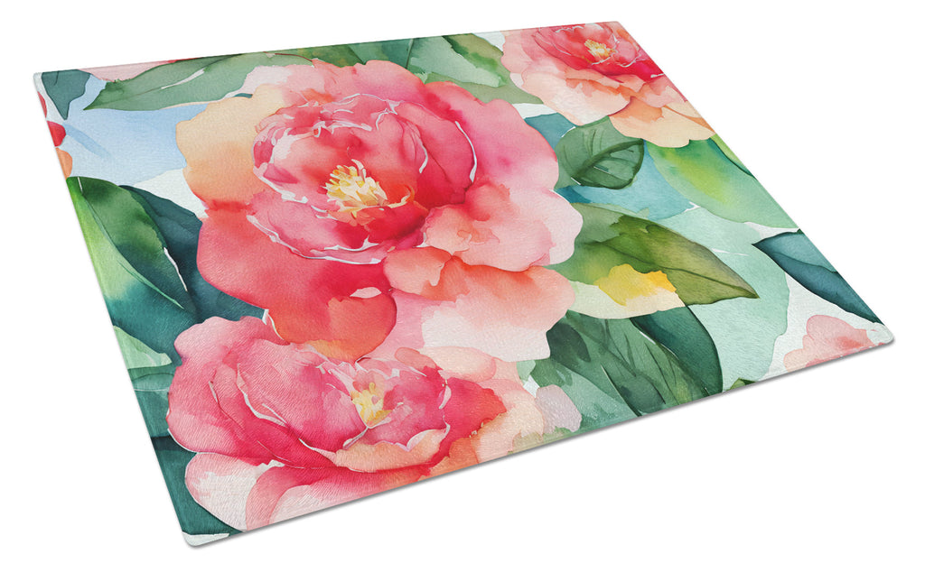 Alabama Camellia in Watercolor Cutting Board Tempered Glass Kitchen Cutting Surface, Heat Resistant Chopping, Non-Slip Feet, Food Prep & Serving