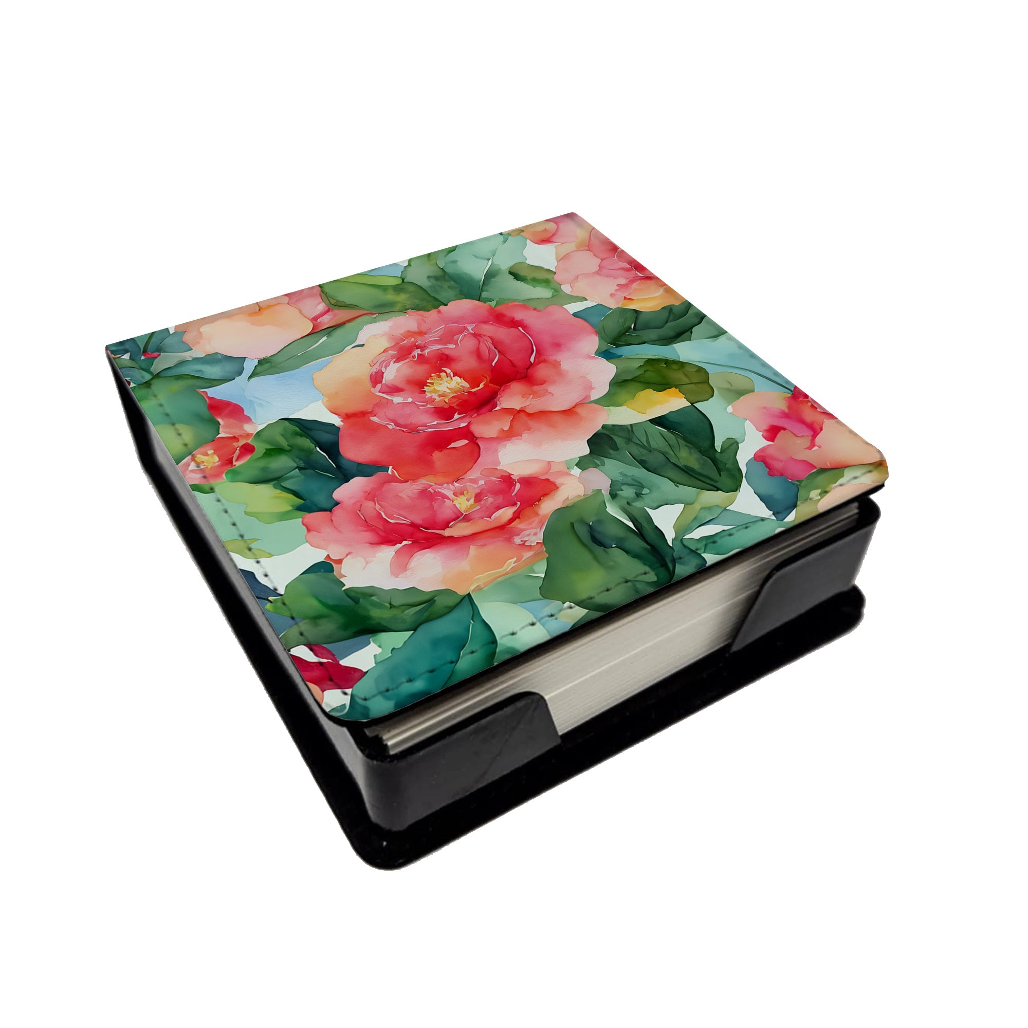 Alabama Camellia in Watercolor PU Leather Note Paper Holder with Artist-Designed Cover, Desk Accessory, Office Gift