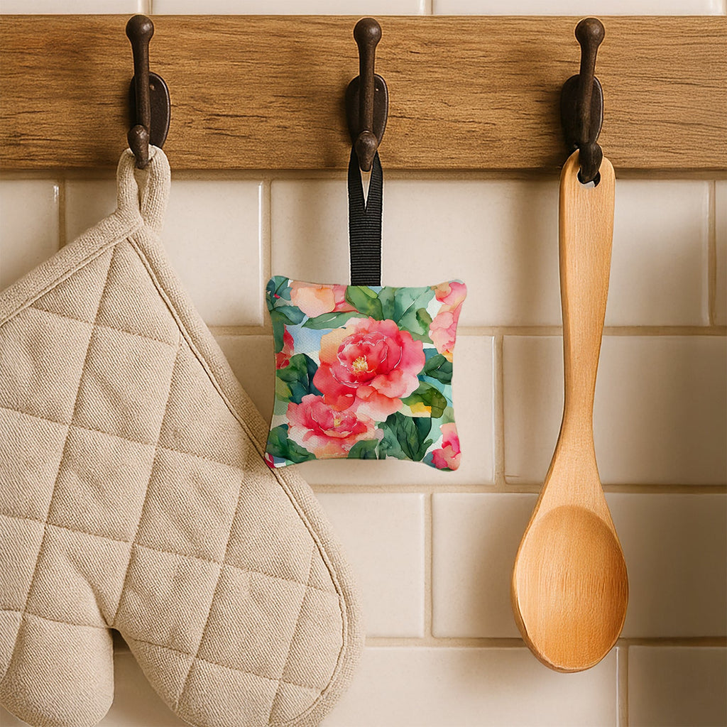 Alabama Camellia in Watercolor Hanging Square Fabric Ornament 3.5 × 3.5 Decorative Door-Knob & Tree Hanger, Soft Fabric