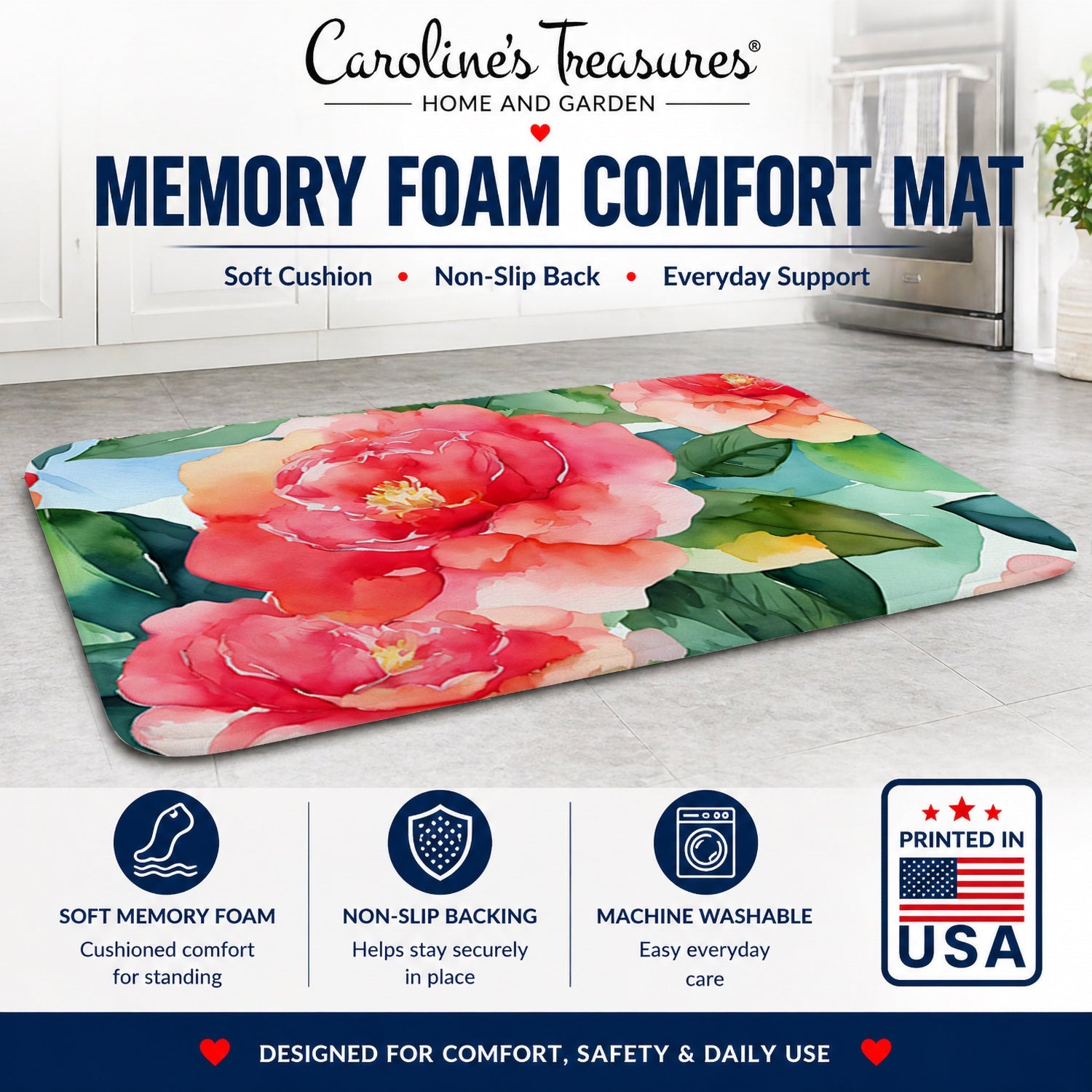 Alabama Camellia in Watercolor Memory Foam Kitchen Mat Machine Washable Anti-Fatigue Cushion Comfort Bath or Kitchen Rug