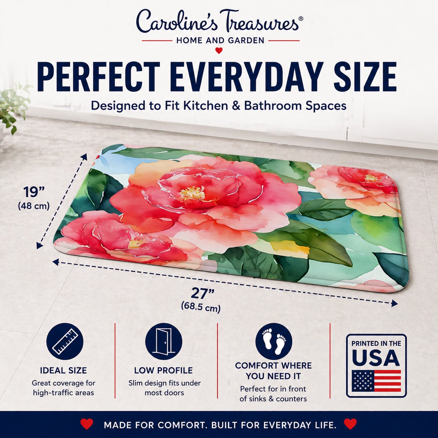 Alabama Camellia in Watercolor Memory Foam Kitchen Mat Machine Washable Anti-Fatigue Cushion Comfort Bath or Kitchen Rug