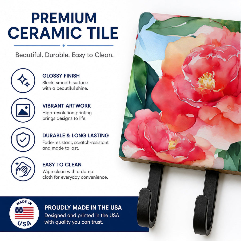 Alabama Camellia in Watercolor Leash or Key Holder Wall Hooks, Coat Rack Wall Mount, for Hanging Keys, Towels, Aprons, Leashes