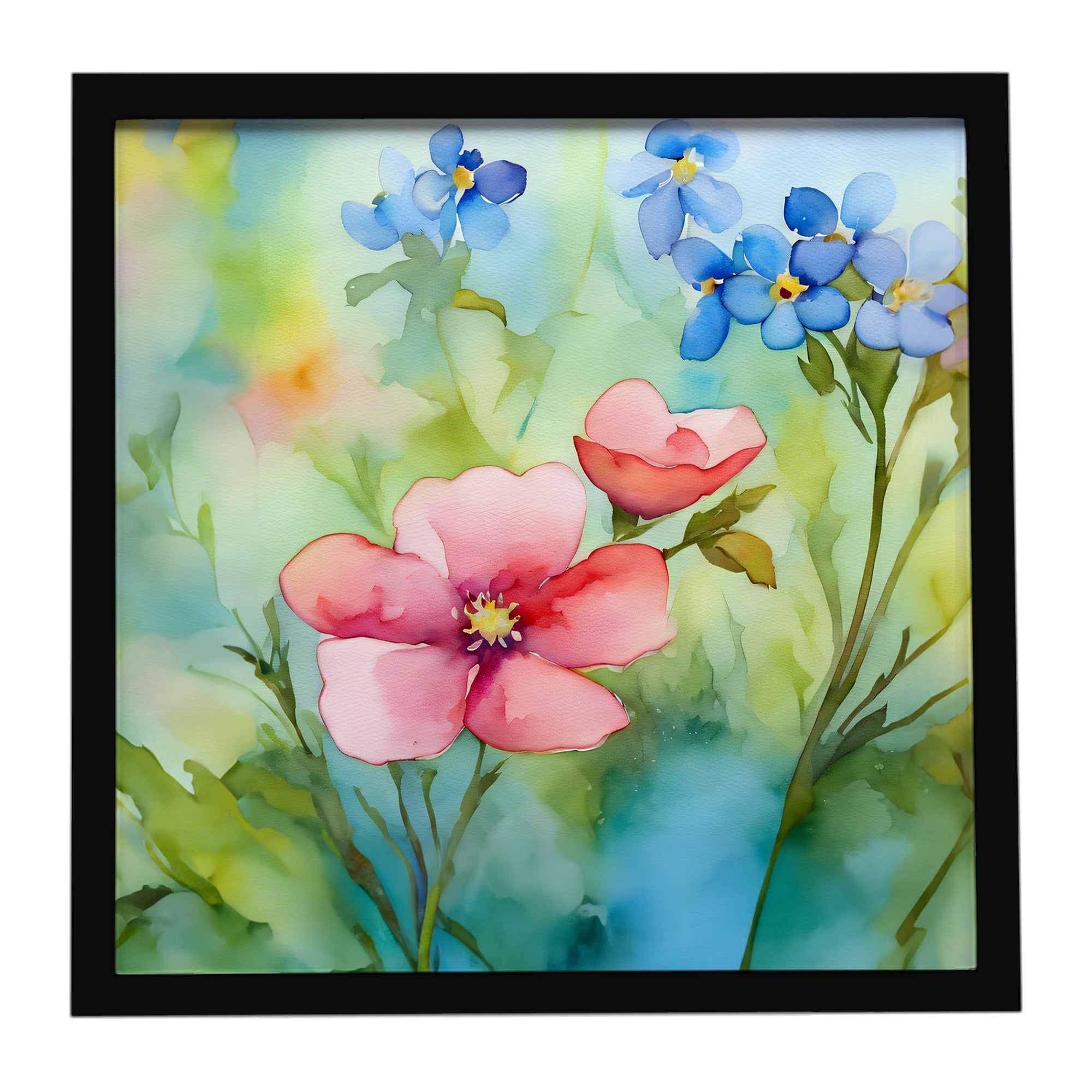 Alaska Forget-me-nots in Watercolor Framed Metal Print Bathroom, Kitchen, Office, Home Decor Wall Art Ready to Hang, Square, 8X8