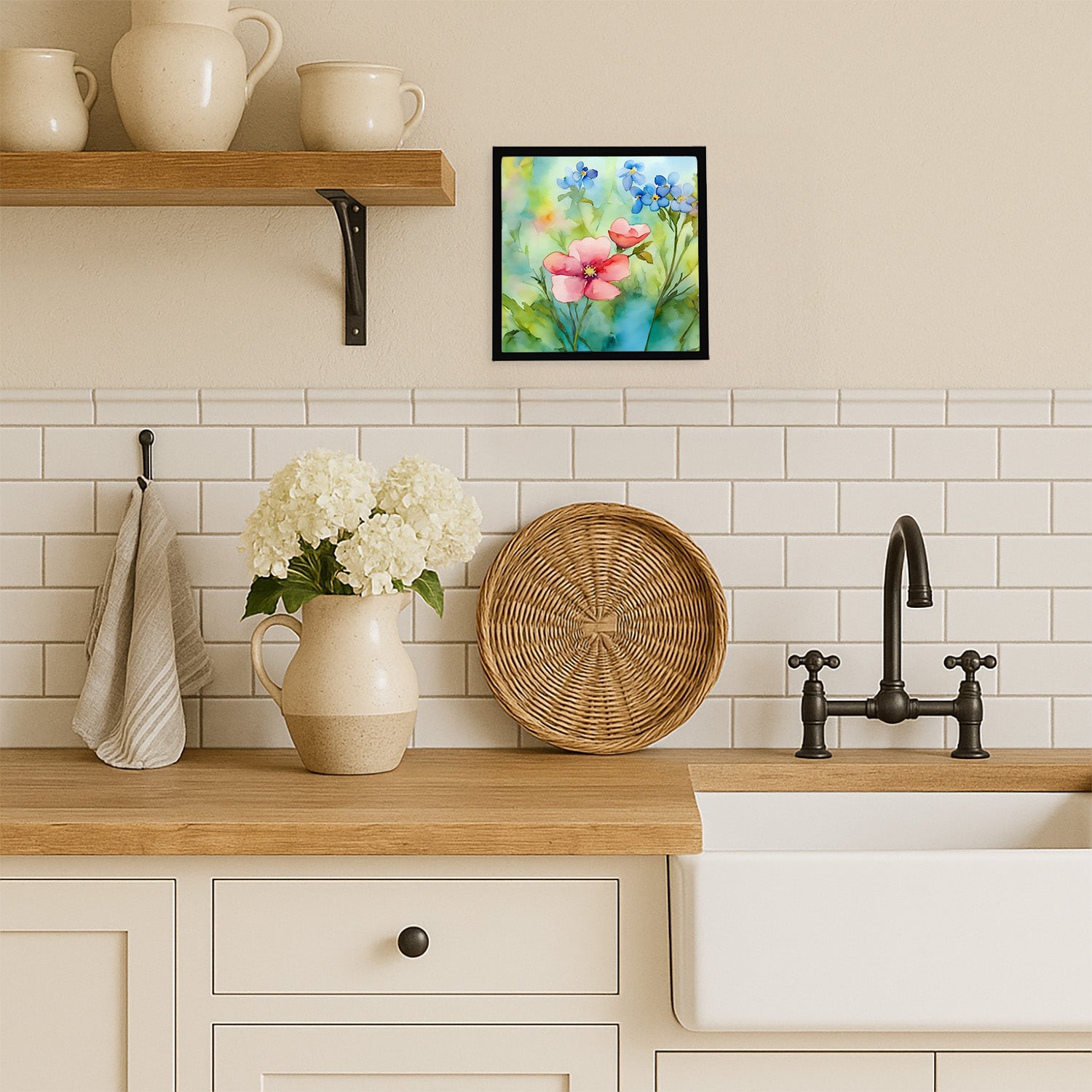 Alaska Forget-me-nots in Watercolor Framed Metal Print Bathroom, Kitchen, Office, Home Decor Wall Art Ready to Hang, Square, 8X8
