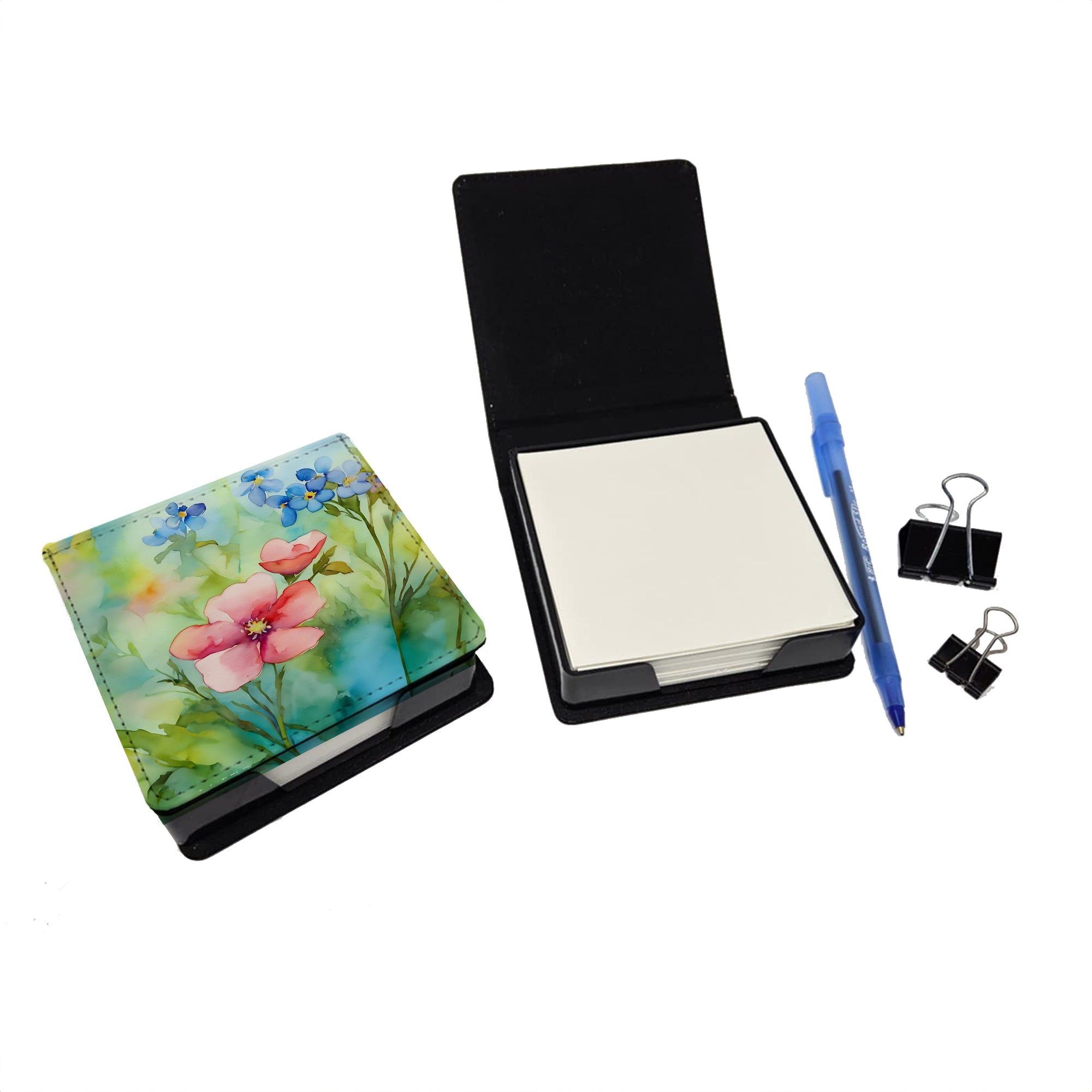 Alaska Forget-me-nots in Watercolor PU Leather Note Paper Holder with Artist-Designed Cover, Desk Accessory, Office Gift