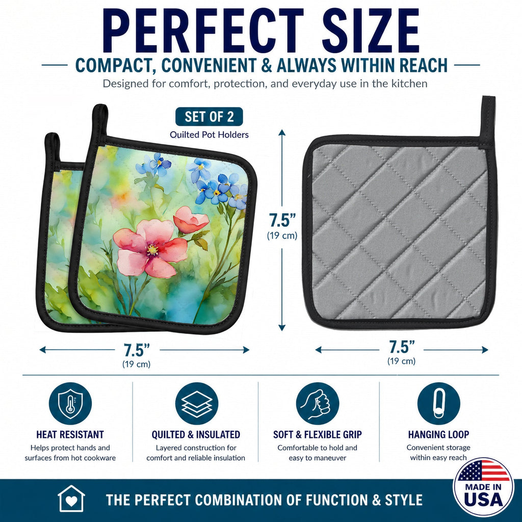 Alaska Forget-me-nots in Watercolor Pot Holder Set of 2 Heat Resistant Quilted Hot Pads 7.5 x 7.5 Inch, Insulated Kitchen Trivets for Cooking & Baking