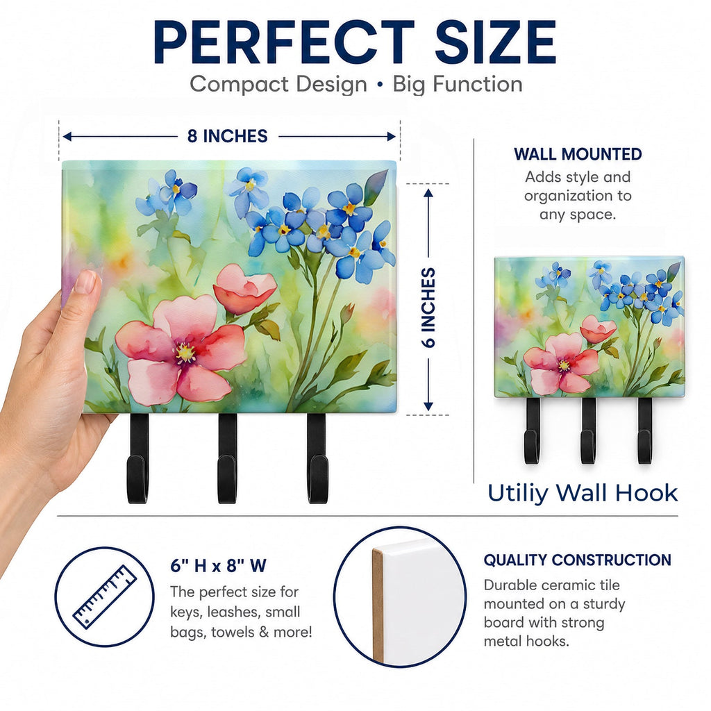 Alaska Forget-me-nots in Watercolor Leash or Key Holder Wall Hooks, Coat Rack Wall Mount, for Hanging Keys, Towels, Aprons, Leashes