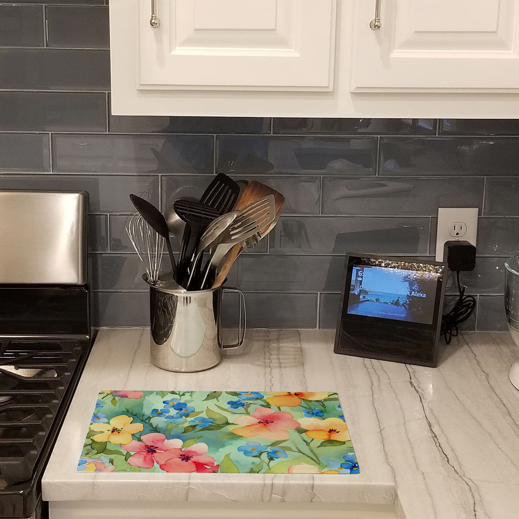 Alaska Forget-me-nots in Watercolor Cutting Board Tempered Glass Kitchen Cutting Surface, Heat Resistant Chopping, Non-Slip Feet, Food Prep & Serving