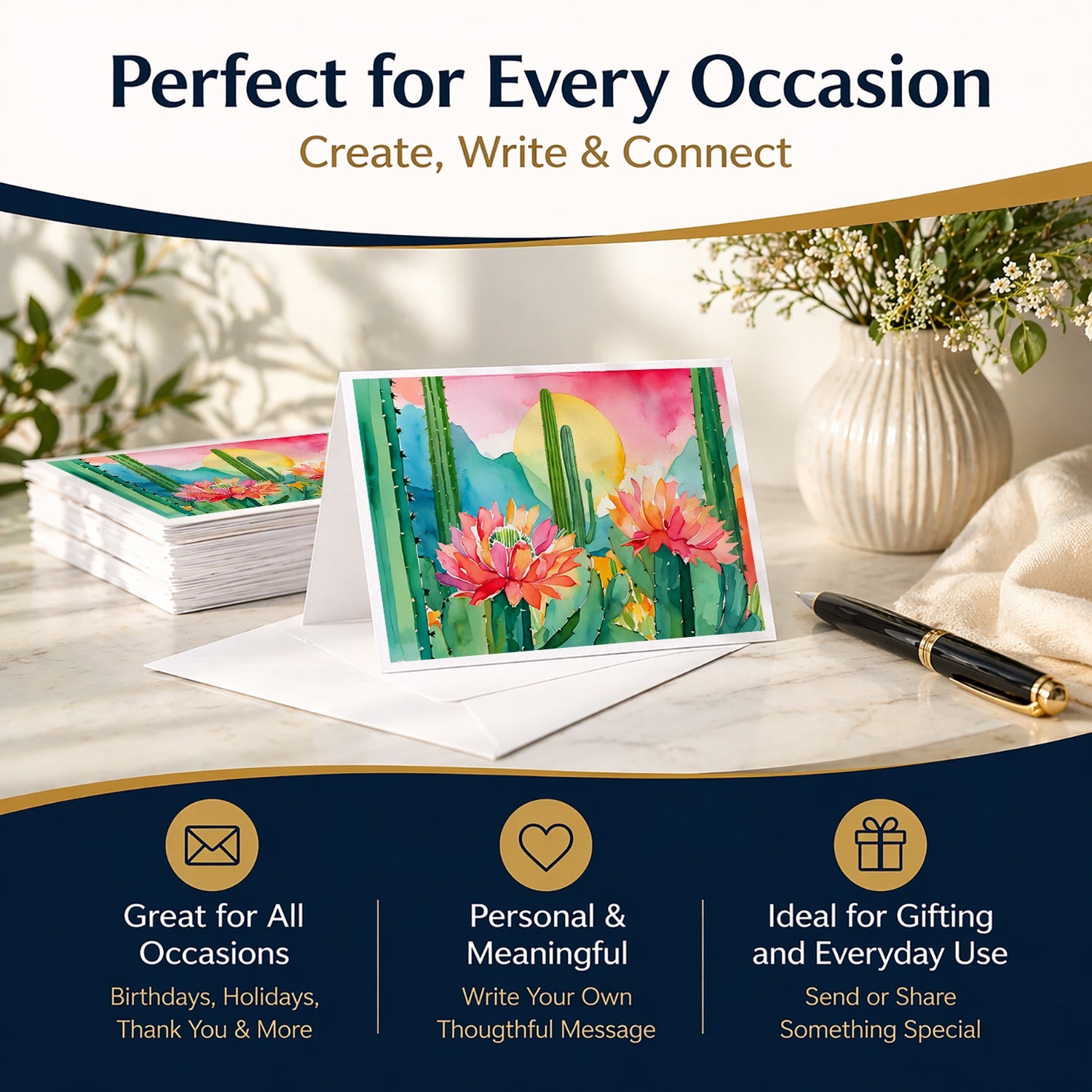 Arizona Saguaro Cactus Blossom in Watercolor Greeting Cards Pack of 8 Blank Cards with Envelopes Whimsical A7 Size 5x7