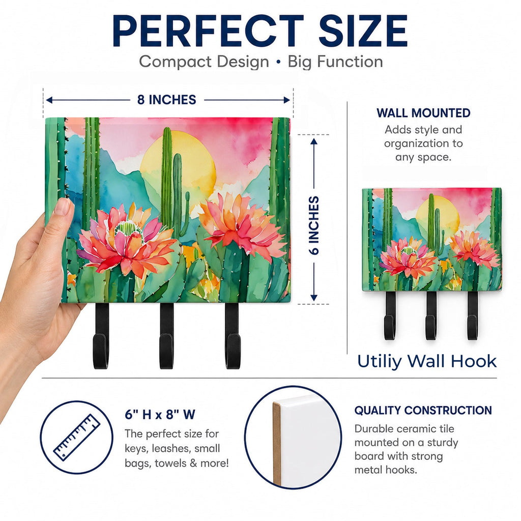 Arizona Saguaro Cactus Blossom in Watercolor Leash or Key Holder Wall Hooks, Coat Rack Wall Mount, for Hanging Keys, Towels, Aprons, Leashes
