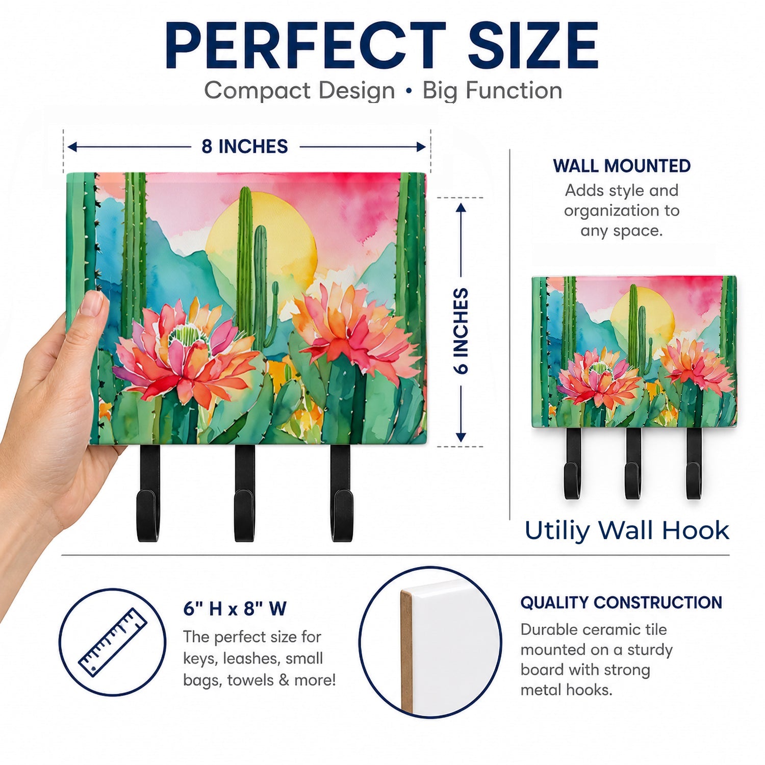 Arizona Saguaro Cactus Blossom in Watercolor Leash or Key Holder Wall Hooks, Coat Rack Wall Mount, for Hanging Keys, Towels, Aprons, Leashes