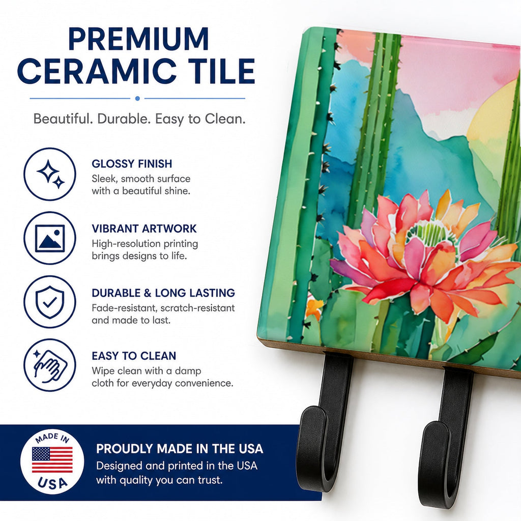 Arizona Saguaro Cactus Blossom in Watercolor Leash or Key Holder Wall Hooks, Coat Rack Wall Mount, for Hanging Keys, Towels, Aprons, Leashes
