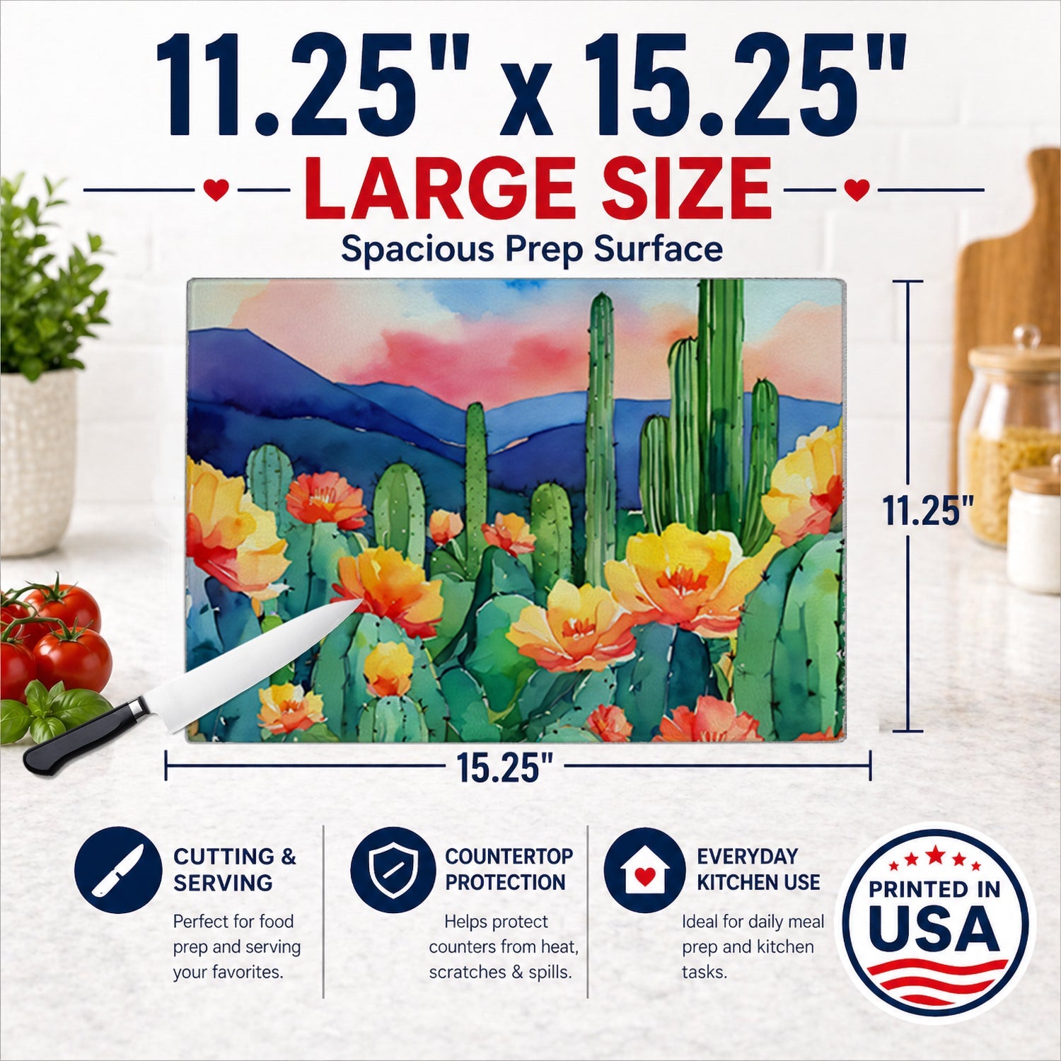 Arizona Saguaro Cactus Blossom in Watercolor Cutting Board Tempered Glass Kitchen Cutting Surface, Heat Resistant Chopping, Non-Slip Feet, Food Prep & Serving