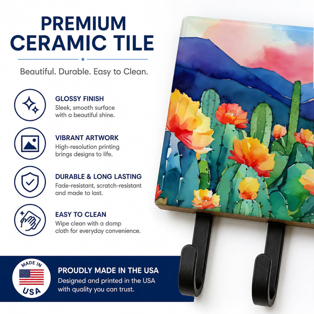Arizona Saguaro Cactus Blossom in Watercolor Leash or Key Holder Wall Hooks, Coat Rack Wall Mount, for Hanging Keys, Towels, Aprons, Leashes