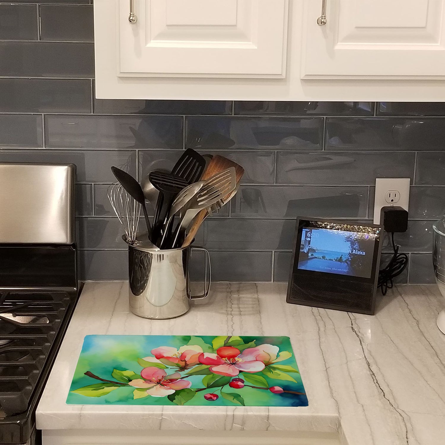 Arkansas Apple Blossom in Watercolor Cutting Board Tempered Glass Kitchen Cutting Surface, Heat Resistant Chopping, Non-Slip Feet, Food Prep & Serving